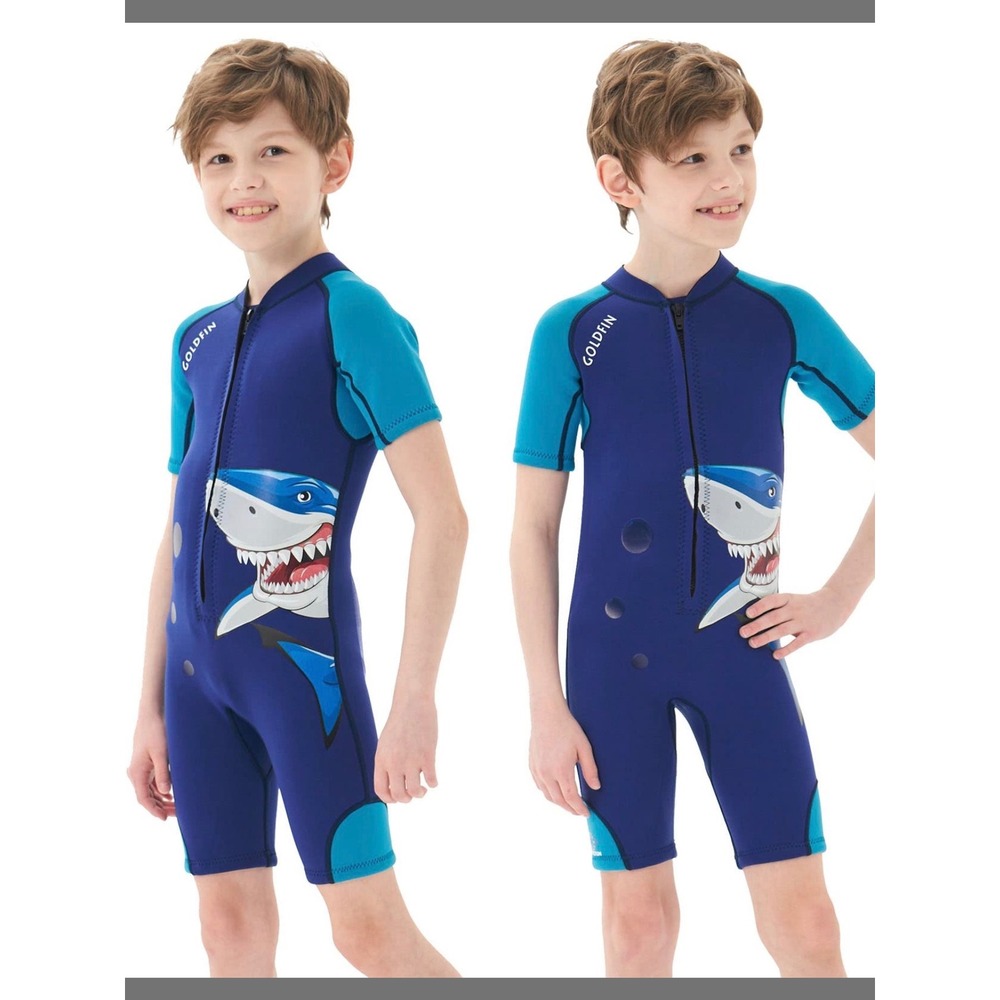 Goldfin Wetsuit Kids Size 6 Blue Excellent Shark 2mm Neoprene Shorty Front Zip